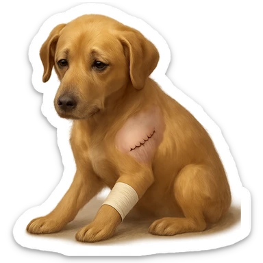 dog with a shaved patch and a bandage, looking tired, showing signs of recent surgery, gentle and caring atmosphere sticker