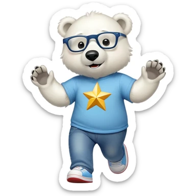 friendly anthropomorphised polar bear walking energetically, excited expression, wearing shirt, jeans, trainers, large multicolored star-shaped glasses sticker