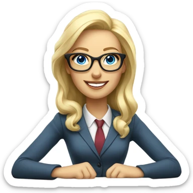Corporate blonde boss lady with glasses happy blue eyes sitting at a desk sticker