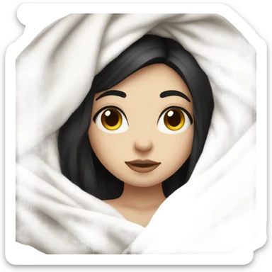 Pale Girl with black hair  laying down cozy in a white blanket sticker