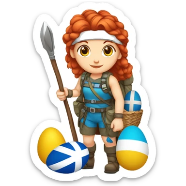 Greek Female winter mountaineer red hair white skin climbing with Greek Flag and Easter eggs basket sticker