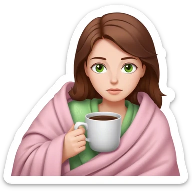woman with very long brown hair and green eyes in a light pink blanket sleepy with coffee sticker