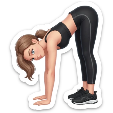standing forward fold stretch, fair-skinned woman, light gray-blue eyes, ash brown brows, ash light brown hair tied back, slim athletic body, black workout set, black sneakers with white soles sticker