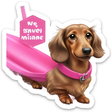 Long haired miniature dachshund red colour with pink collar waterskiing sticker