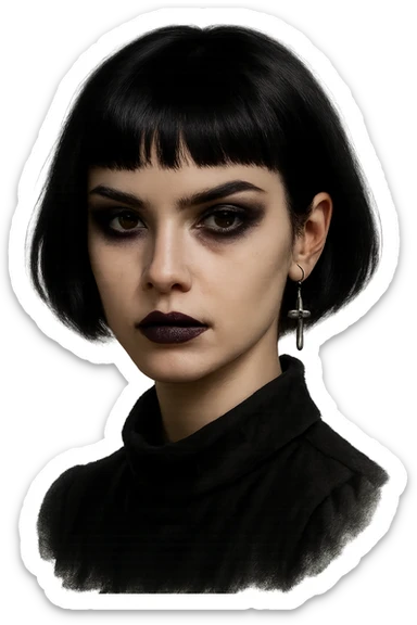 goth face, short black bob, dark purple lipstick, cross earring, intense gaze sticker
