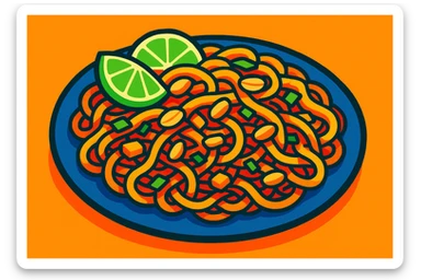 pad thai, vibrant, appetizing, noodles, lime, peanuts, stylized illustration sticker