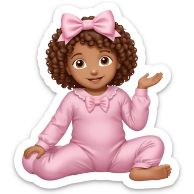 Brown skin 6 month old baby with brown curly hair down laying down smiling with satin baby pink onesie and white bow sticker