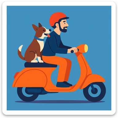 vector art of a man and his pet dog riding a vespa, for website design  sticker