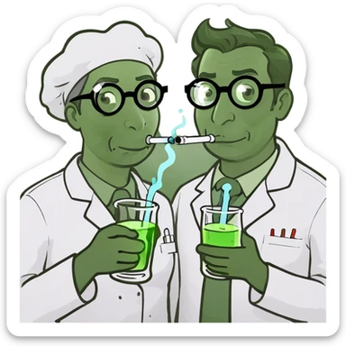 Mom and Dad holding beaker, and bubbly pipe, with smoke  sticker