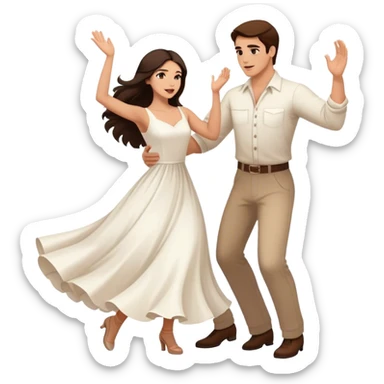Beautiful woman in 1950’s woman fashion look, white dress, long dark brown hair, balboa couple dance, toss-out movement sticker