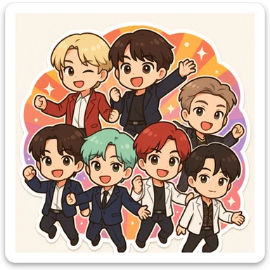 BTS K-pop group stylized as chibi cartoon characters, each member with unique hair color and stage outfit, energetic pose, vibrant background sticker