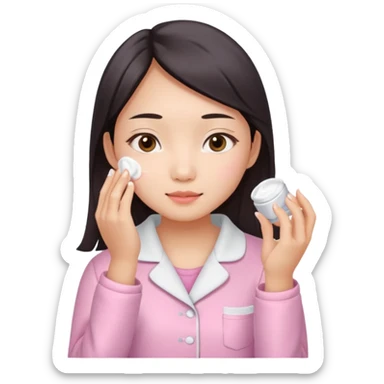 angelic asian girl doing skin care in pink pajamas, applying cream to her face sticker
