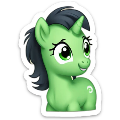 filly from equestria with a green coat and a black dishevelead mane and tail with a cutie mark with a cutie mark sticker