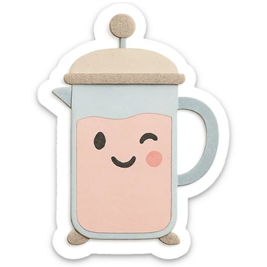 adorable French press winking, soft pastel tones, full body, hand-drawn paper craft style sticker