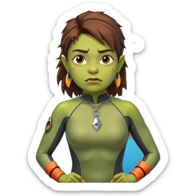 orc female in rescue tube, scanning horizon. Rash guard, shark tooth necklace sticker