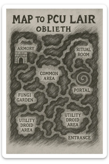 a hand drawn map of how to navigate the Oblieth cave system to find the PCU Lair sticker