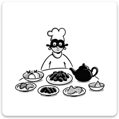 black doodle of a festive iftar table with a burrito character wearing a bandit mask, labeled 'Tung tung iftar ile bobrito bandito' sticker