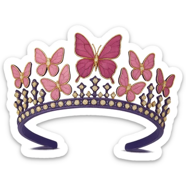 Update the butterfly crown to have a purple base, keep the vibrant pink enamel butterflies and sparkling gems, with no background. The style should maintain the original look of the butterfly crown. sticker