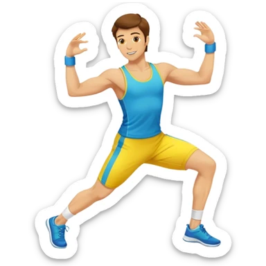 yellow man with brown hair doing aerobics in a coloful outfit sticker