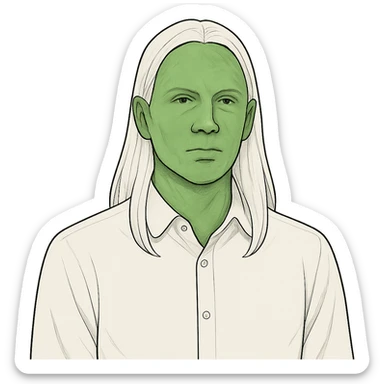 a man with slime green skin, wearing a white shirt, with long straight white hair, neutral expression, upper body view sticker