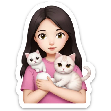 This Chinese girl's got fair skin and big black eyes. She's got long dark brown hair and she's wearing a pink t-shirt. She's holding a white Scottish Fold cat. sticker