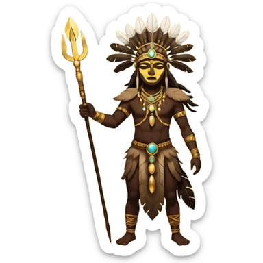 Tribal shaman silhouette gold realistic with staff and feathers, spiritual aura, sacred geometry glow behind, powerful stance sticker