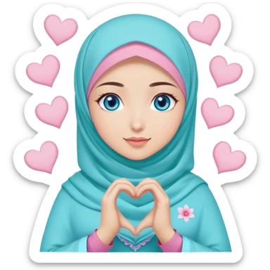 Turkish beautiful finish Konya girl blue eyes with light turquoise sakura and pink hijab islamic dress and making heart with hands and with thank you text sticker