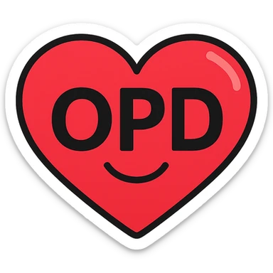 Convert the red heart with 'OPD' text into a simple emoji style, preserving the heart shape and keeping the 'OPD' text clear and legible. Maintain a transparent background. The style should resemble classic emoji aesthetics with clean lines and bright colors. sticker