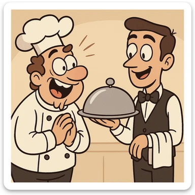 a hungry chef looking eagerly at a waiter holding a covered dish, playful and expressive, simple background sticker