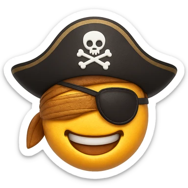 Add an eye patch over the blindfold for the pirate captain. Keep the pirate hat and smiling expression. Render in emoji style with transparent background. sticker
