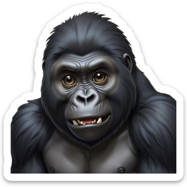 Cinematic Comical mountain Gorilla Portrait Emoji, Head tilted dramatically with an exaggeratedly shocked expression, featuring a stately black and grey mane and wide, comically expressive eyes full of humorous disbelief, Simplified yet hilariously expressive features, highly detailed, glowing with a slightly sassy jungle glow, high shine, dramatic yet playful, stylized with an air of quirky primate attitude, soft glowing outline, capturing the essence of a meme-worthy mountain that appears ready to side-eye its way into viral fame! sticker