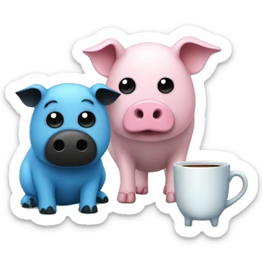 A blue Kala with a white stomach and black eyes and nose having tea with a green pig with black eyes and a pink nose sticker
