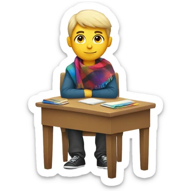 white boy sitting in a school desk with a colorful blanket wrapped around shoulders sticker