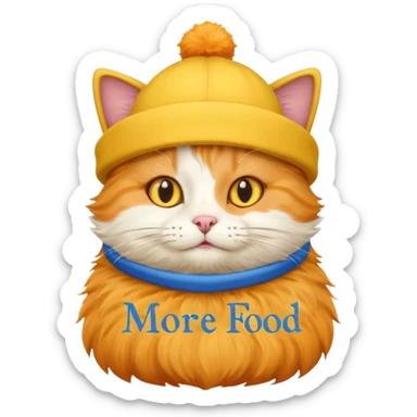 Make cat wearing cute hat that are yellow and has blue text that says More food!!! sticker