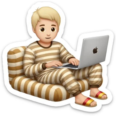 man in striped pajamas and fuzzy slippers typing on a laptop, emoji style sticker