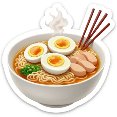 ["Bowl of ramen with soft-boiled egg and chopsticks."] sticker