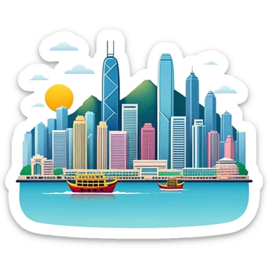 Hong Kong Victoria Harbor skyline, simplified emoji style with bold outlines and bright colors, cartoon style city view with tall buildings sticker