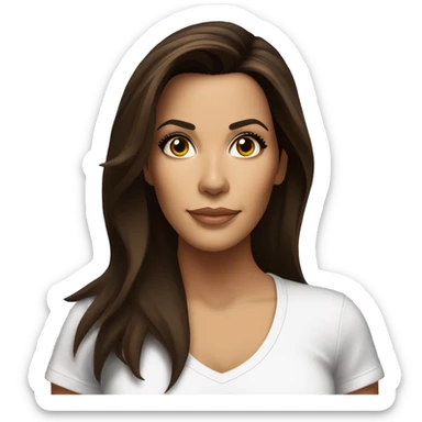 3/4 face, contrasted, shadow, light, Eva Longoria expression, standing, thin nose, brunette woman, hazel eyes, long eyelashes, dark shoulder shaded hair, white t-shirt, jeans, white sneakers sticker