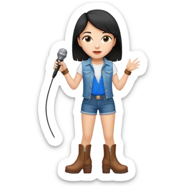 Crie uma cantora morena charmosa de shortes top e bota com microfone branca e cabelo preto sticker