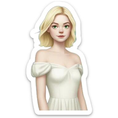 Elle Fanning with bare shoulder-length hair and a white dress, full green eyes and a closed mouth. sticker
