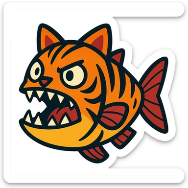 piranha with tiger stripes and feline ears, cartoon style sticker