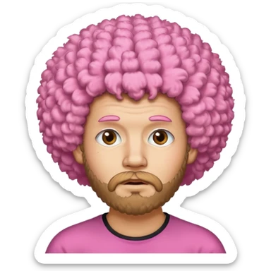 A light-skinned man with a fluffy pink afro, brown eyes, a beard, and a slightly uneasy expression. sticker