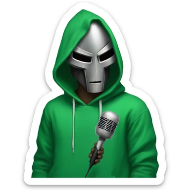 mf doom wearing green hoodie, holding mic sticker