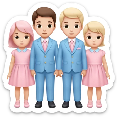 triplet toddlers with two girls in pastel pink clothes on each side and a boy in pastel blue suit in the middle sticker