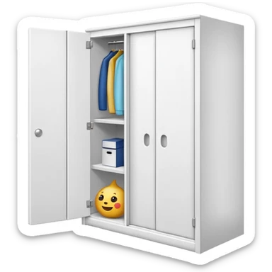 Simple L-shaped corner closet made of smooth white PVC, emoji-style. Two plain doors, one on each side, opening outward like a book from the corner.  sticker