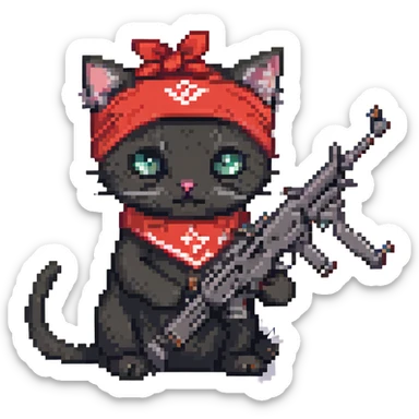 a little black cat with two machineguns and a red bandana, he's just blasting!
 sticker