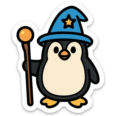 color outline icon of a penguin wizard with a staff sticker