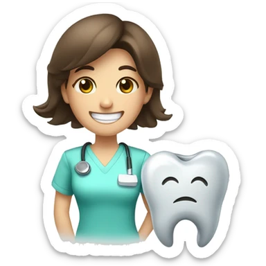 a brunette dentist leaning against a tooth with eyes and smiling sticker