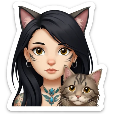 girl with long black  straight hair and tattoos and a tabby Maine coon sticker