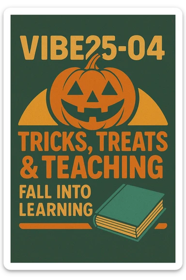 Create a logo that encompasses a retro 80's feel, nostalgic, ALSO RETRO.  Add the words "VIBE25-04: Tricks, Treats & Teaching: Fall Into Learning" sticker